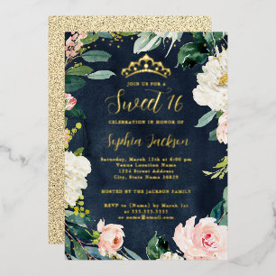 Tiara Floral Sweet 16 Pink Navy Gold  Foil Invitation