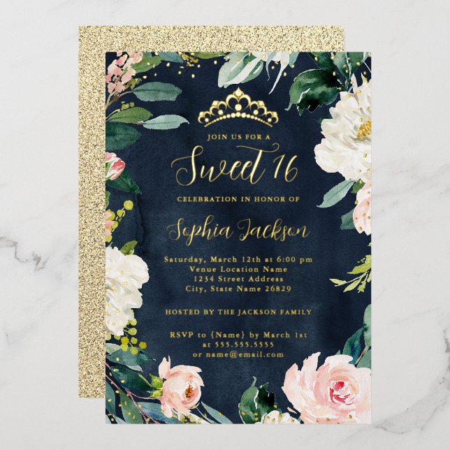 Tiara Floral Sweet 16 Pink Navy Gold  Foil Invitation (Front/Back)