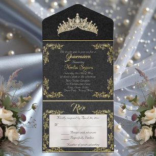Tiara & Foil Leaf Frame Quinceanera - Black/Gold All In One Invitation
