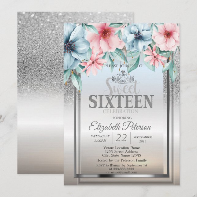 Tiara,Frame Silver Glitter Bokeh Floral Sweet 16 Invitation (Front/Back)