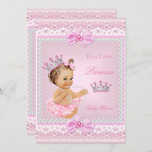 Tiara Girl Princess Baby Shower Pink Pearls Brown Invitation