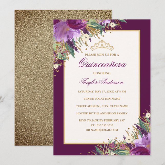 Tiara Glitter Amethyst Purple Floral Quinceanera Invitation (Front/Back)