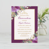 Tiara Glitter Amethyst Purple Floral Quinceanera Invitation (Standing Front)