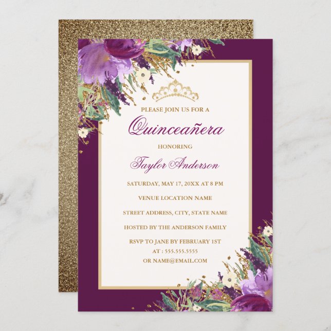 Tiara Glitter Amethyst Purple Floral Quinceanera Invitation (Front/Back)