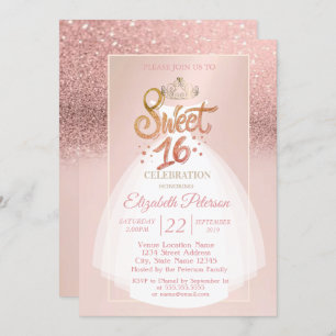 Tiara, Glitter Bokeh Ombre, Dress Sweet 16 Party Invitation