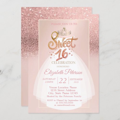 Tiara Glitter Bokeh Ombre Dress Sweet 16 Party Invitation