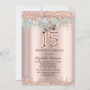 Tiara,Glitter Drops Rainbow Confetti Quinceañera  Invitation