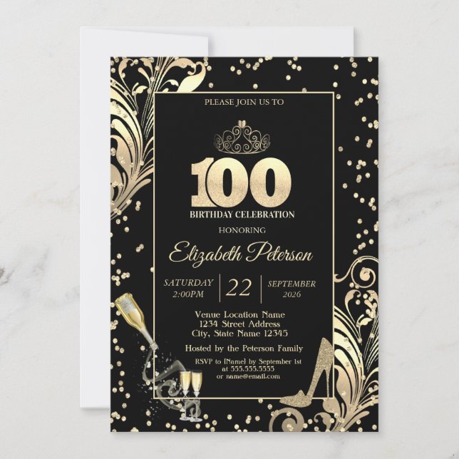 Tiara Glitter Heels Diamonds Swirls 100th Birthday Invitation (Front)