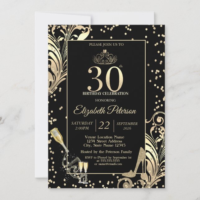 Tiara Glitter Heels Diamonds Swirls 30th Birthday Invitation (Front)