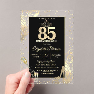 Tiara Glitter Heels Diamonds Swirls 50th Birthday Acrylic Invitations