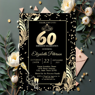 Tiara Glitter Heels Diamonds Swirls 60th Birthday Invitation