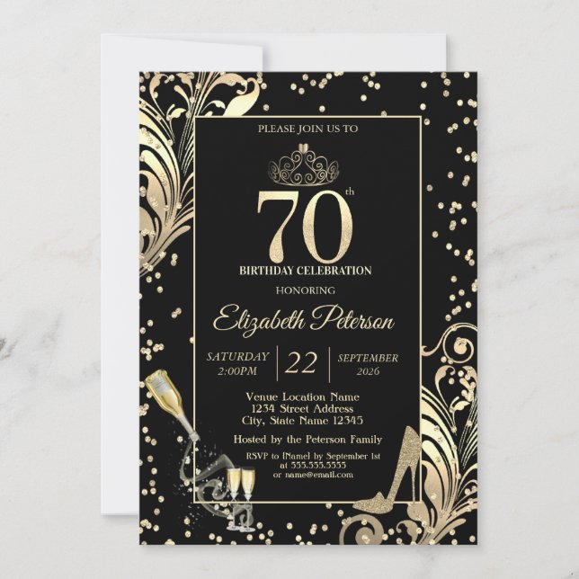 Tiara Glitter Heels Diamonds Swirls 70th Birthday Invitation (Front)