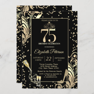 Tiara Glitter Heels Diamonds Swirls 75th Birthday Invitation