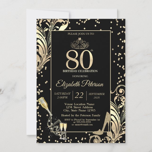 Tiara Glitter Heels Diamonds Swirls 80th Birthday Invitation (Front)