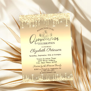 Tiara,Gold Glitter Drops Quinceañera Invitation