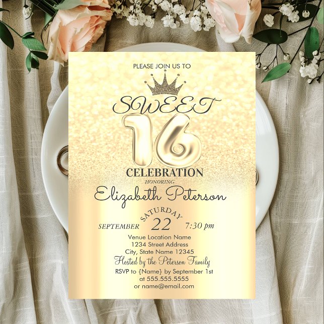 Tiara, Gold Sweet 16 Glitter Bokeh Ombre Party Invitation (Creator Uploaded)