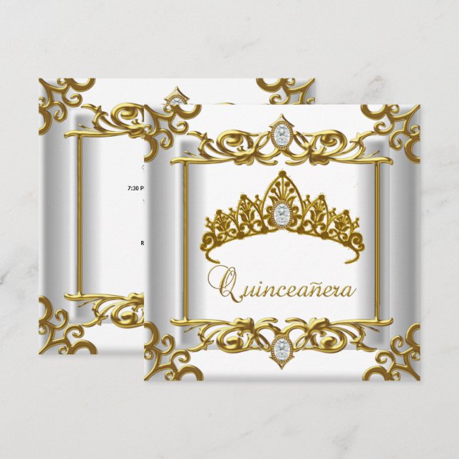 Tiara Gold White Quinceanera 15th Birthday Invitation (Front/Back)
