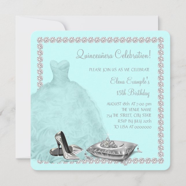Tiara High Heel Shoes Teal Blue Quinceanera Invitation (Front)