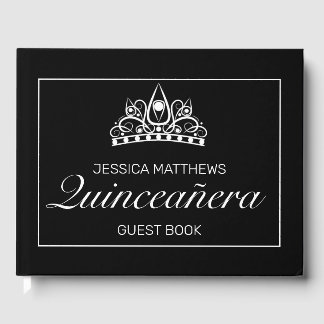 Tiara Modern Black Minimalist Quinceañera Birthday Guest Book