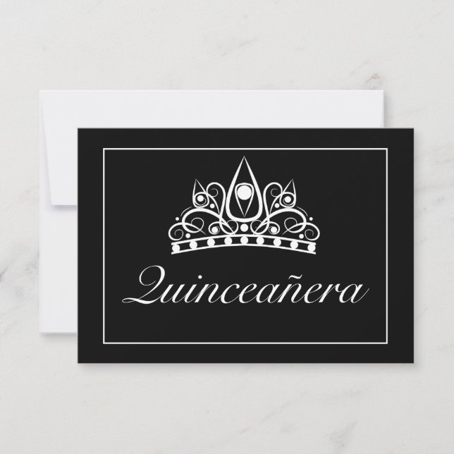 Tiara Modern Minimalist White Black Qinceanera RSVP Card (Front)