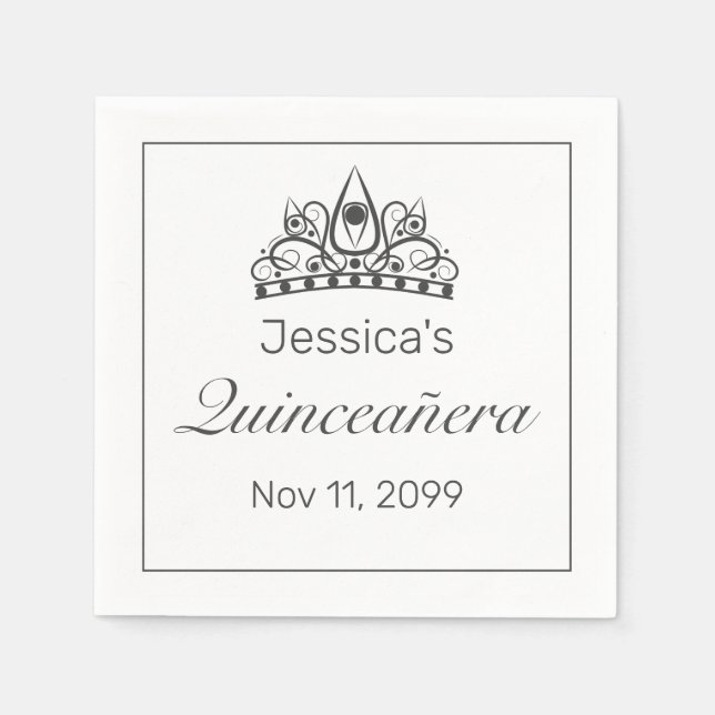 Tiara Modern Minimalist White Black Quinceañera Napkins (Front)