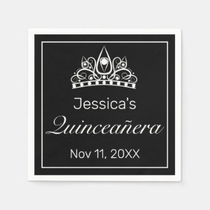 Tiara Modern Minimalist White Black Quinceañera Napkins