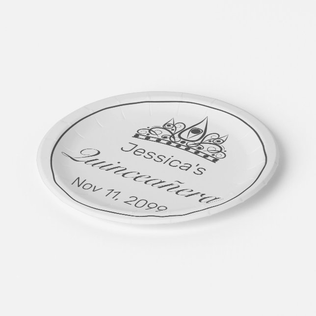 Tiara Modern Minimalist White Black Quinceañera Paper Plates (Angled)
