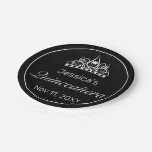 Tiara Modern Minimalist White Black Quinceañera Paper Plates