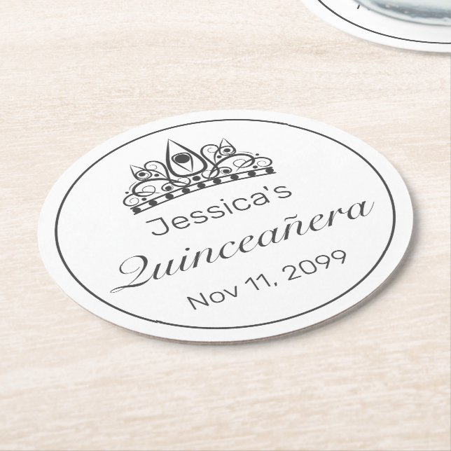 Tiara Modern Minimalist White Black Quinceanera Round Paper Coaster (Angled)