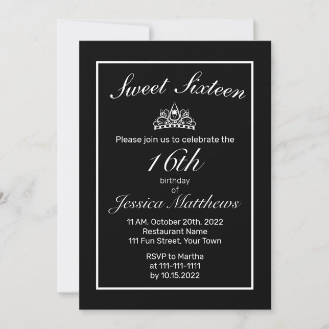 Tiara Modern Minimalist White Black Sweet 16 Invitation (Front)