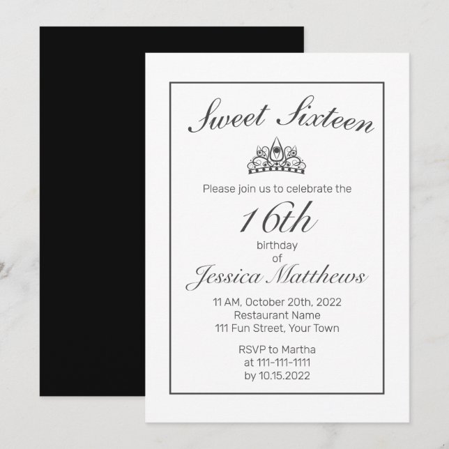 Tiara Modern Minimalist White Black Sweet 16 Invitation (Front/Back)