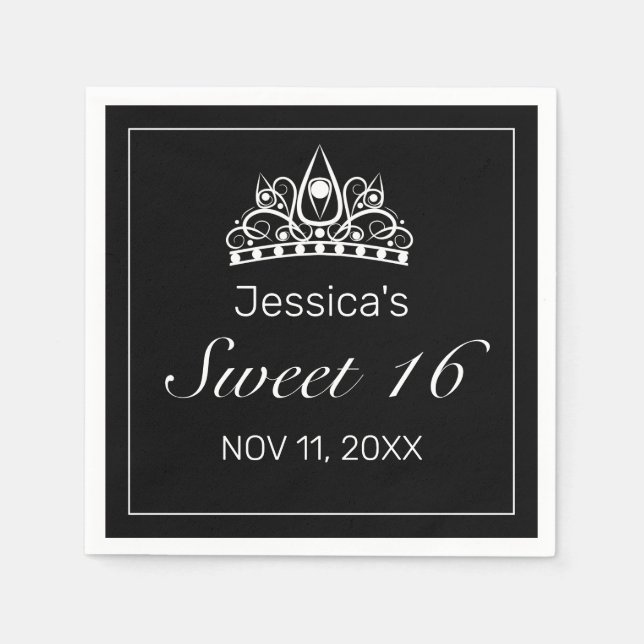 Tiara Modern Minimalist White Black Sweet 16 Napkins (Front)