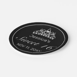 Tiara Modern Minimalist White Black Sweet 16 Paper Plates