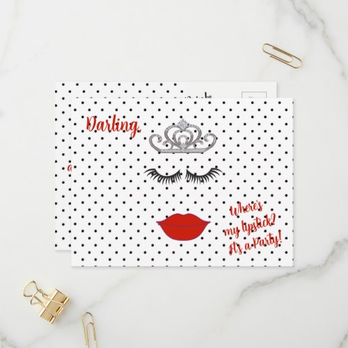 Tiara Party Wheres My Lipstick Polka Dot Invitation Postcard
