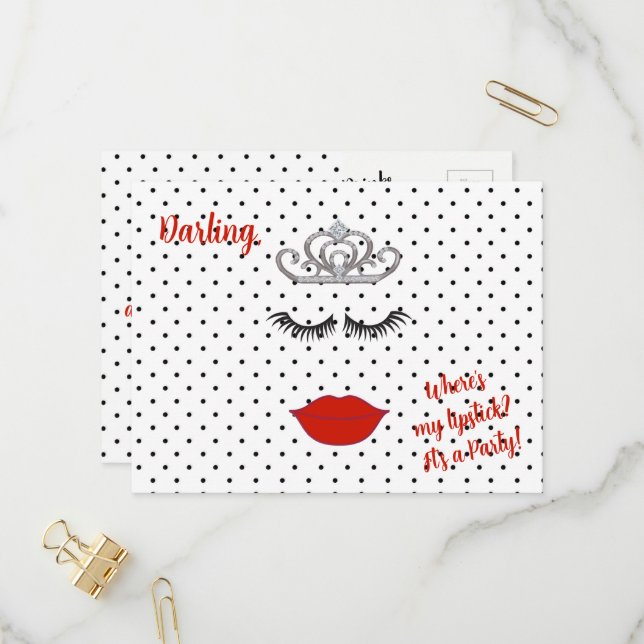 Tiara Party Where's My Lipstick Polka Dot Invitation Postcard (Front/Back In Situ)