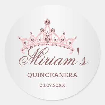 Tiara  Pearls  Gemstone In Heart Shape Quinceanera Classic Round Sticker by IrinaFraser at Zazzle
