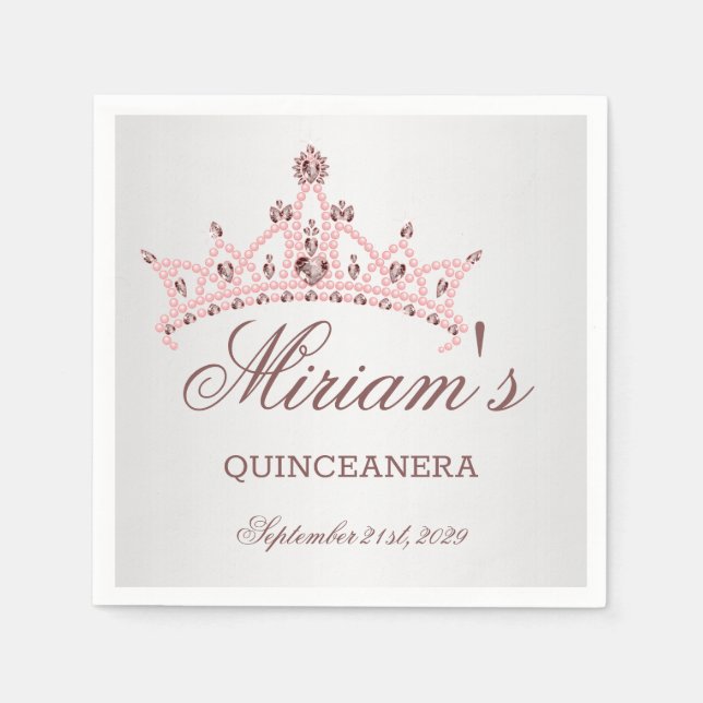 Tiara, pearls, gemstone in heart shape Quinceanera Napkins (Front)