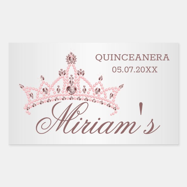 Tiara, pearls, gemstone in heart shape Quinceanera Rectangular Sticker (Front)