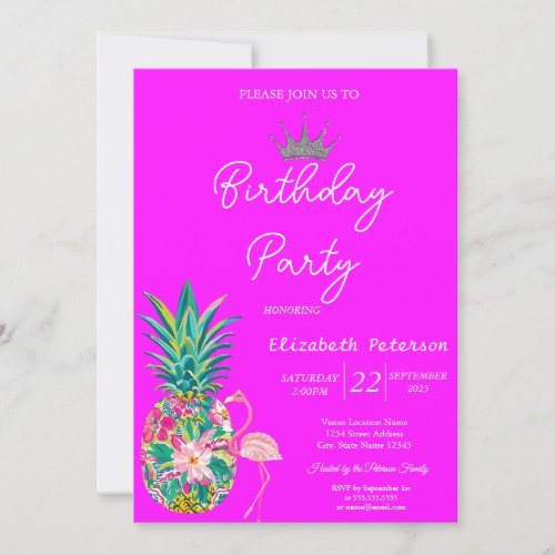 Tiara Pineapple Pink Flamingos Neon Pink Birthday Invitation