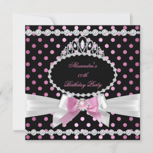 Tiara Pink Black White Polka Dots Birthday Party Invitation