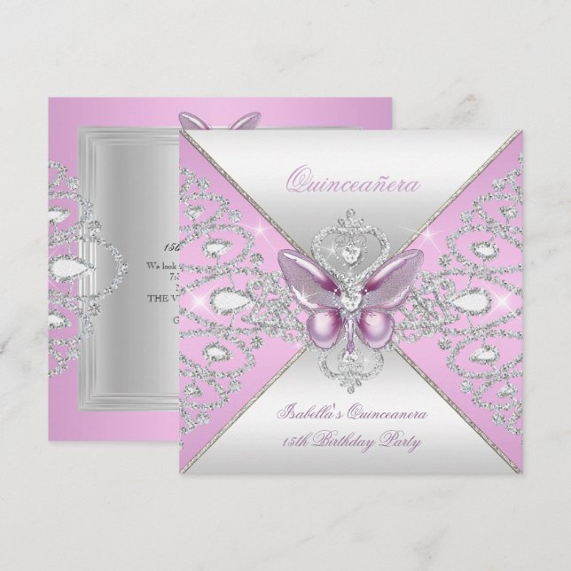 Tiara Pink Butterfly Quinceanera 15th Party Invitation (Front/Back)