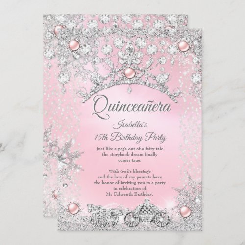 Tiara Pink Quinceanera 15th Winter Carriage Invitation