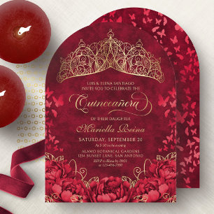 Tiara Princess Red Gold Elegant Quinceanera Invitation