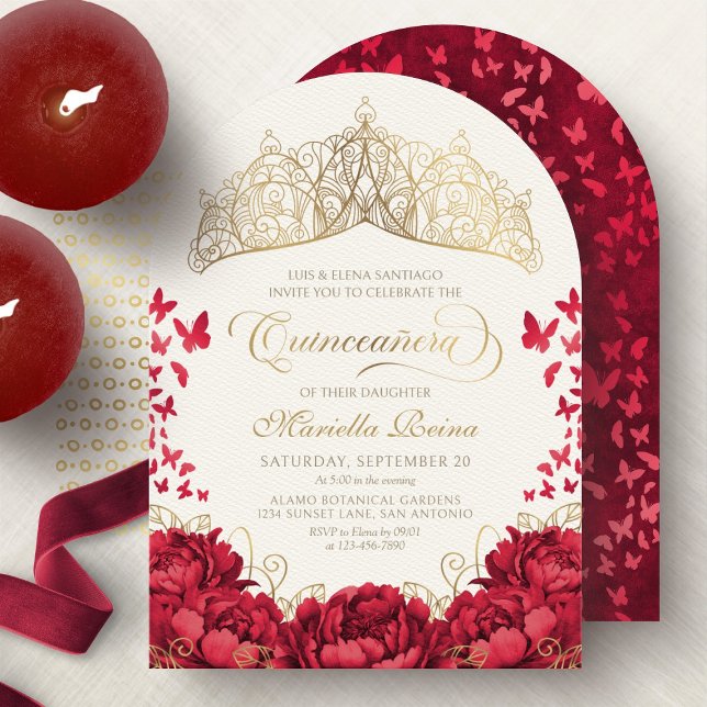 Tiara Princess Red Gold Elegant Quinceanera Invitation (Creator Uploaded)