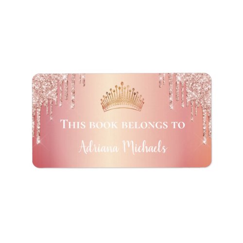 Tiara princess rose gold blush glitter bookplate 