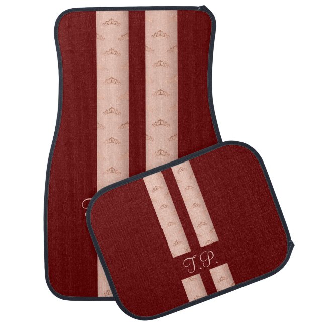Tiara Princess Rose Gold Burgundy Name Initials Car Floor Mat (Set)