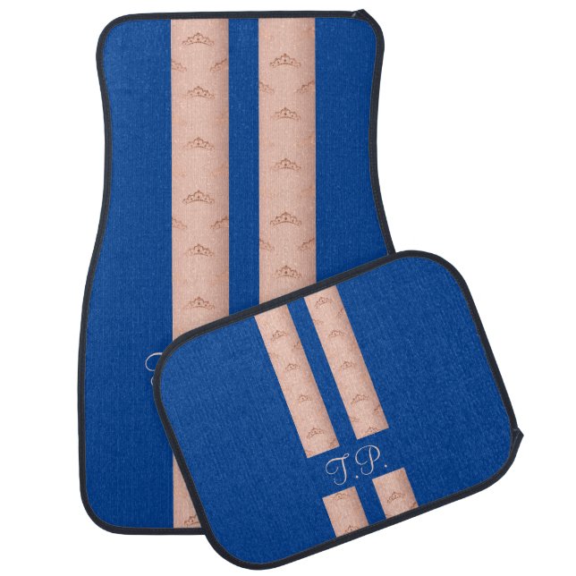 Tiara Princess Rose Gold, Deep Blue Name Initials Car Floor Mat (Set)