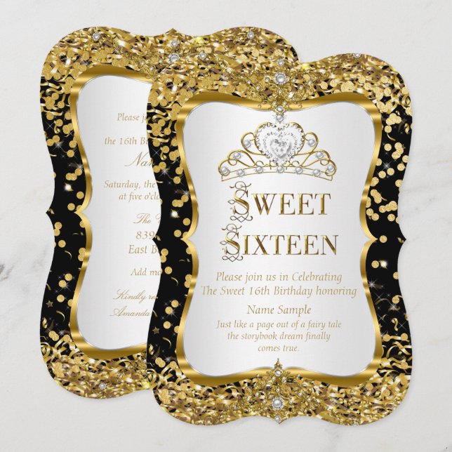 Tiara Princess Sweet 16 Gold Black White Invite (Front/Back)