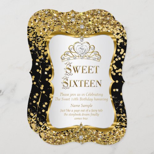 Tiara Princess Sweet 16 Gold Black White Invite