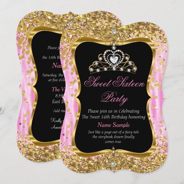 Tiara Princess Sweet 16 Pink Gold Black Invite (Front/Back)